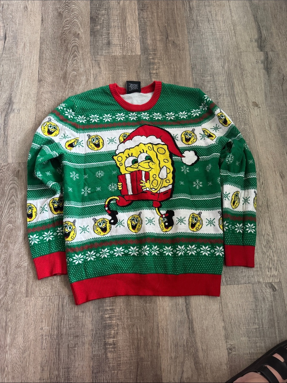 Green SpongeBob Holiday Crewneck Sweater with Red Trim